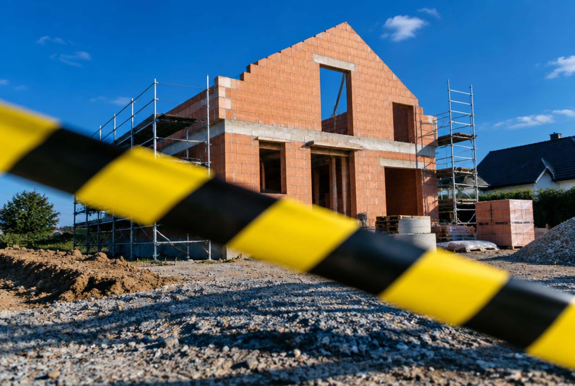 Absperrband vor einem Rohbau auf einer deutschen Baustelle